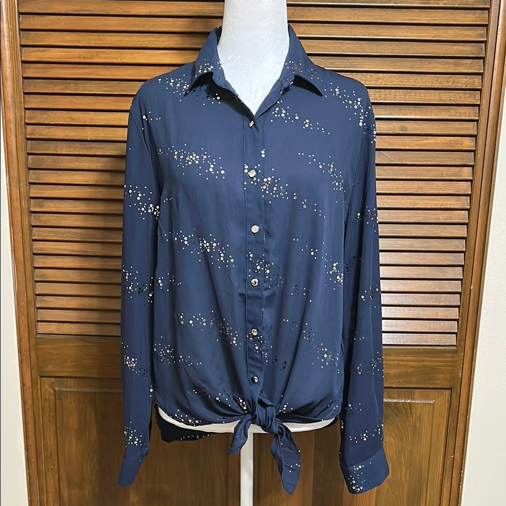 NY Collection Navy/Sparkle Metallic Front Tie Long Sleeve Blouse Size M